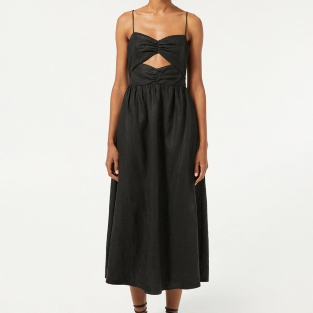 RHODE Black Linen Midi Dress Kay Cutout Sweetheart Neckline Cocktail Sz 8 Medium